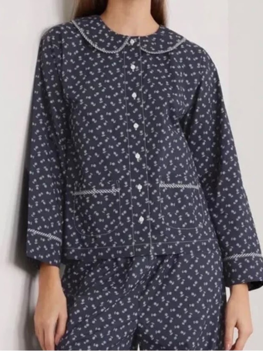 DÔEN Paz Floral Print Cotton Poplin Pajama Top Blue Size S